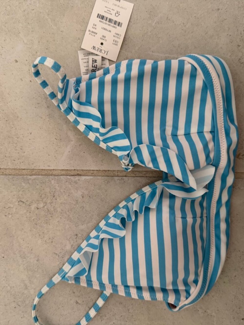 J.Crew Blue/White Striped Ruffle Bikini Top Women's XS